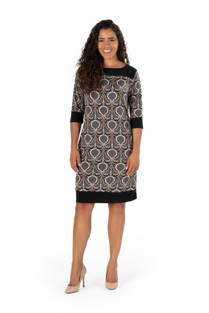 OLIVIA GEO PRINT ON VENECIA KNIT SPANDEX l ELBOW SLEEVE SHIFT DRESS | MADE IN USA