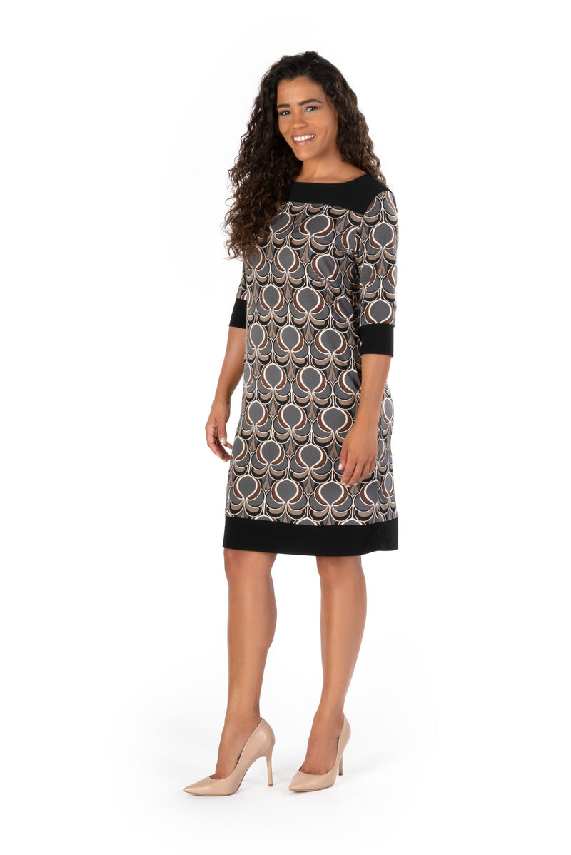OLIVIA GEO PRINT ON VENECIA KNIT SPANDEX l ELBOW SLEEVE SHIFT DRESS | MADE IN USA