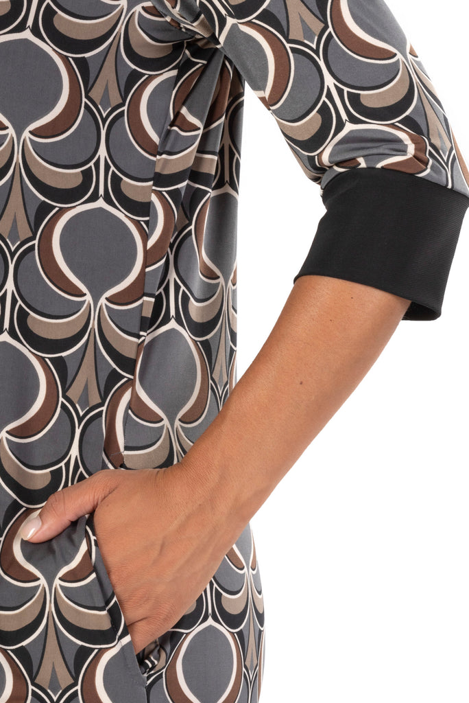 OLIVIA GEO PRINT ON VENECIA KNIT SPANDEX l ELBOW SLEEVE SHIFT DRESS | MADE IN USA