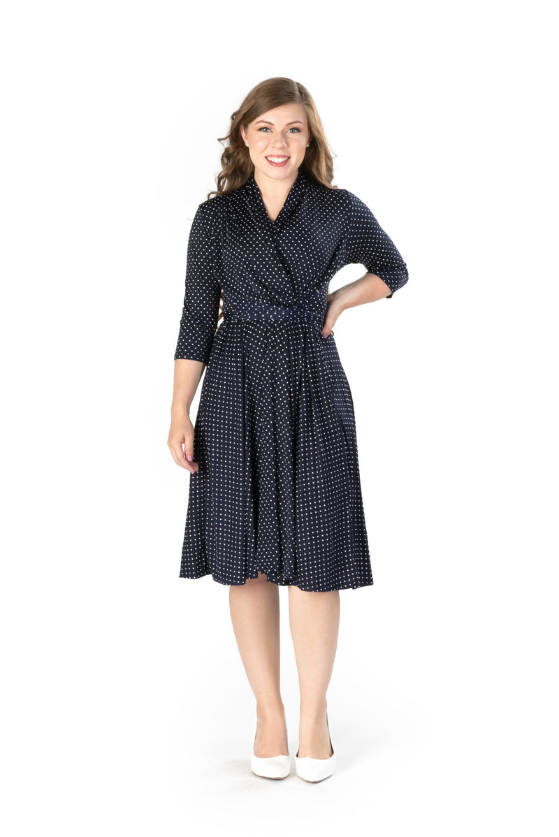 NAVY POLKA DOT PRINT ON VENECIA KNIT SPANDEX l ELBOW SLEEVE FAUX WRAP DRESS | MADE IN USA