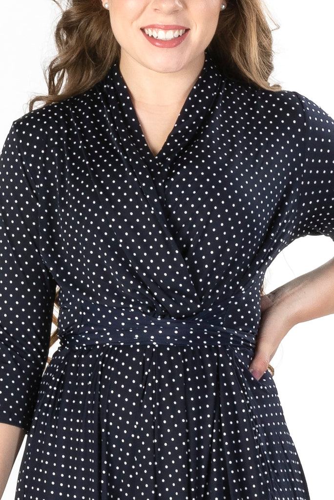 NAVY POLKA DOT PRINT ON VENECIA KNIT SPANDEX l ELBOW SLEEVE FAUX WRAP DRESS | MADE IN USA