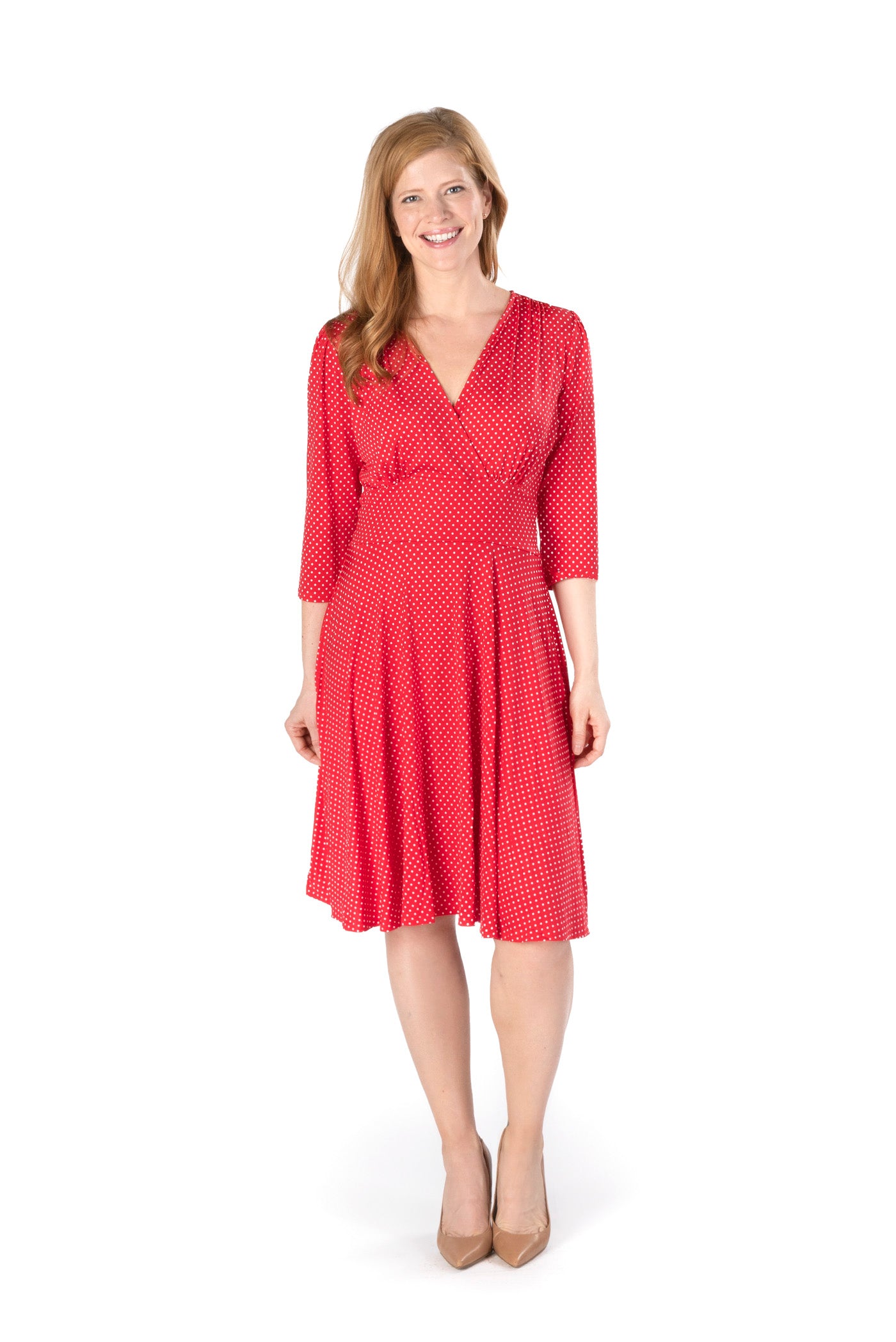 RED POLKA DOT PRINT ON VENECIA SPANDEX l 3/4 SLEEVE SURPLICE EMPIRE WAIST DRESS | MADE IN USA