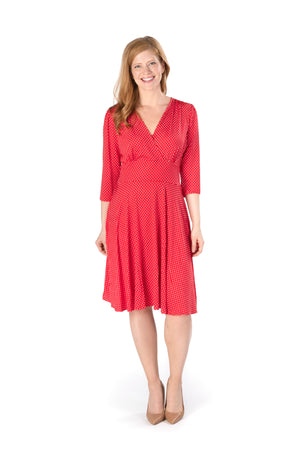 RED POLKA DOT PRINT ON VENECIA SPANDEX l 3/4 SLEEVE SURPLICE EMPIRE WAIST DRESS | MADE IN USA