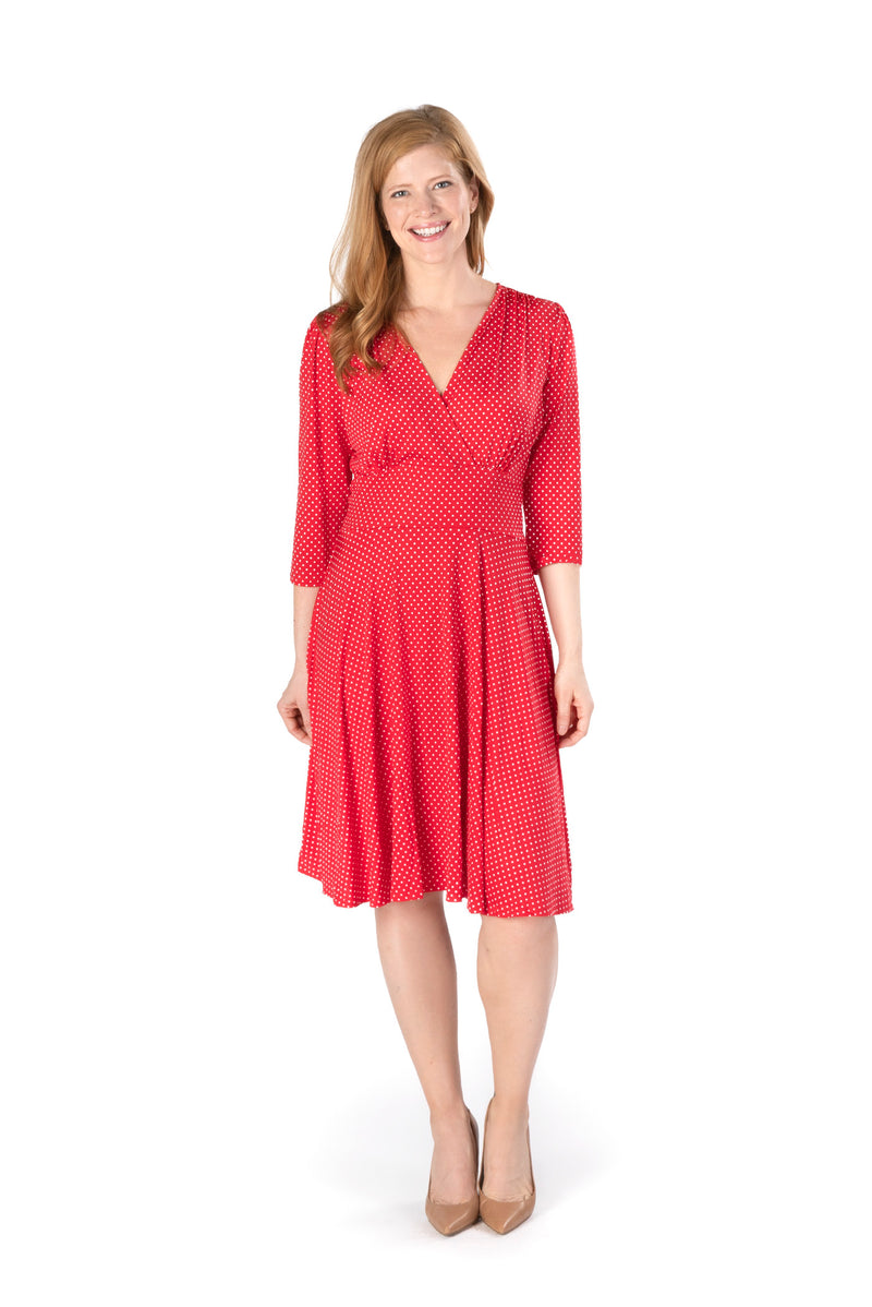RED POLKA DOT PRINT ON VENECIA SPANDEX l 3/4 SLEEVE SURPLICE EMPIRE WAIST DRESS | MADE IN USA