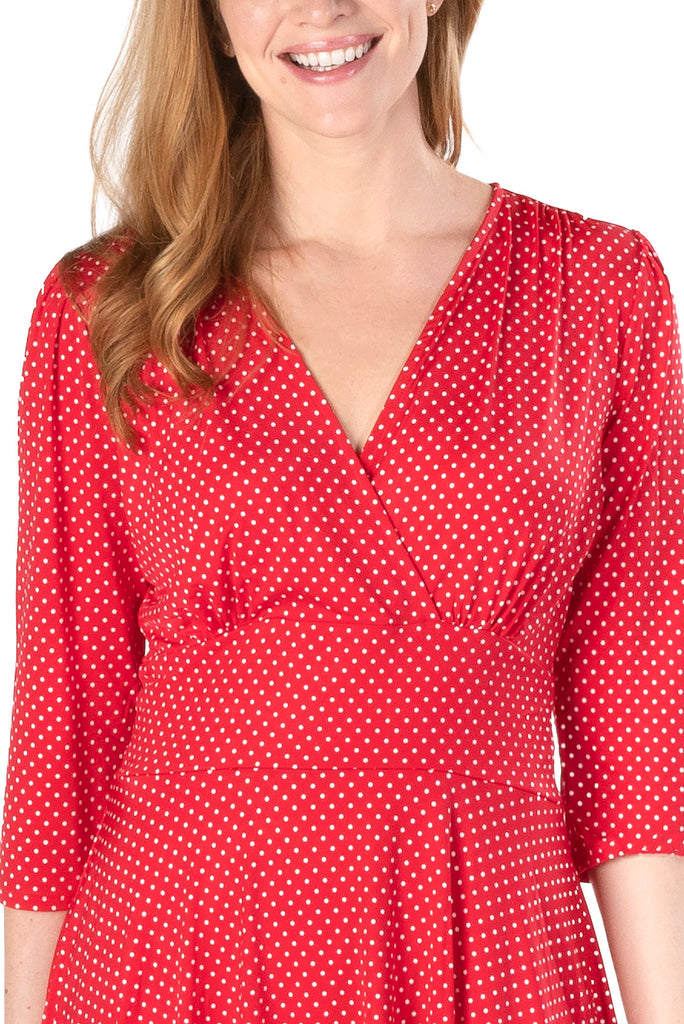 RED POLKA DOT PRINT ON VENECIA SPANDEX l 3/4 SLEEVE SURPLICE EMPIRE WAIST DRESS | MADE IN USA