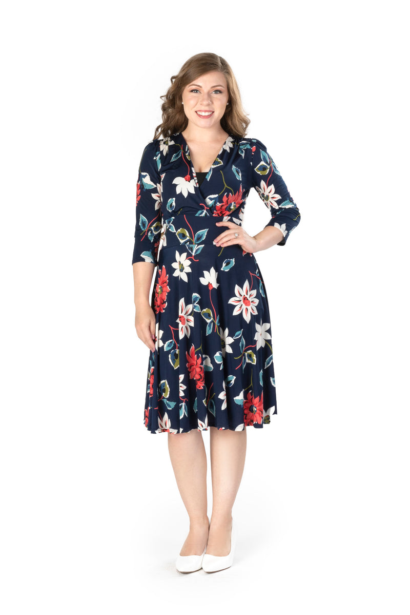 TIFFANY PRINT ON VENECIA KNIT SPANDEX l 3/4 SLEEVE SURPLICE EMPIRE WAIST DRESS | MADE IN USA