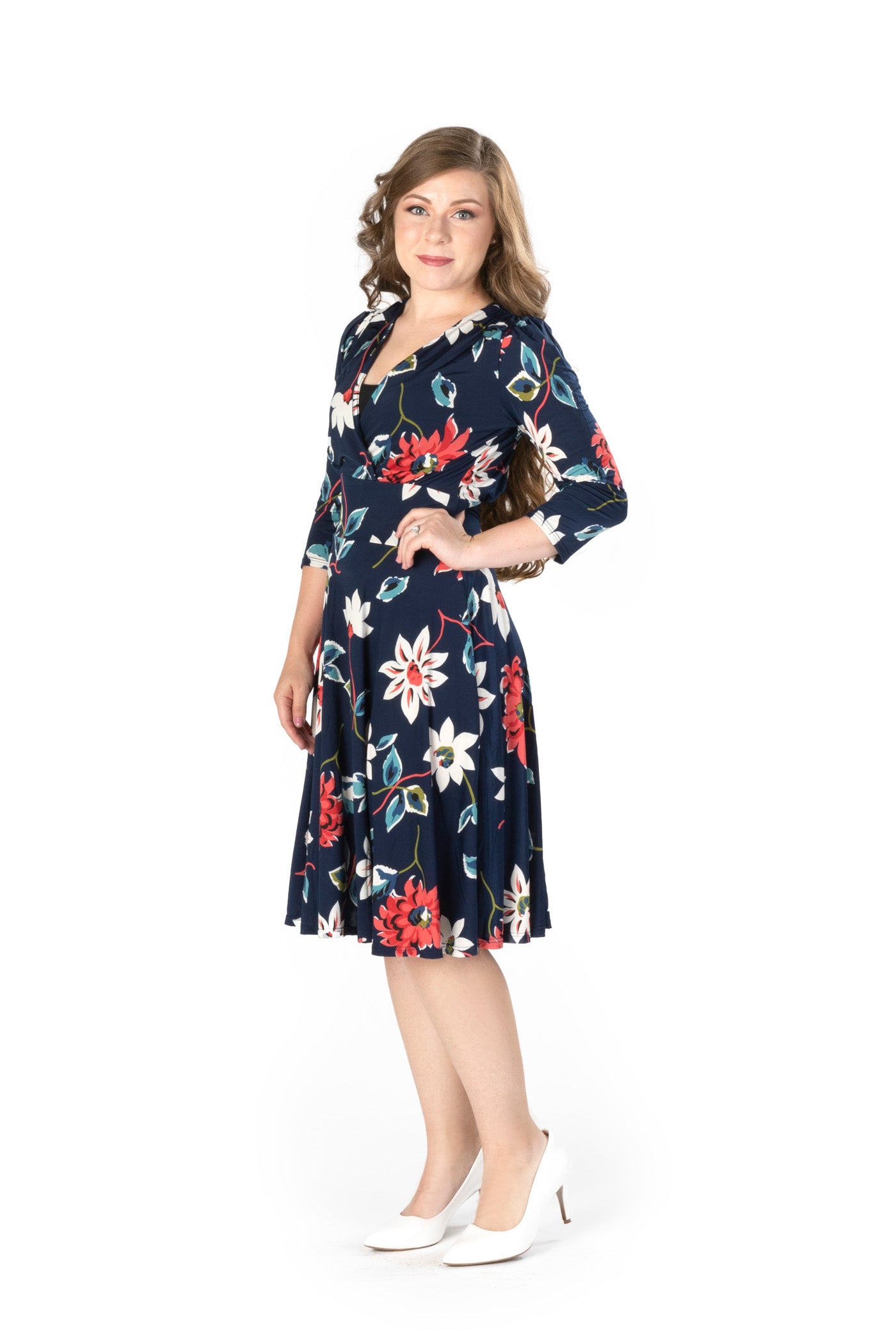 TIFFANY PRINT ON VENECIA KNIT SPANDEX l 3/4 SLEEVE SURPLICE EMPIRE WAIST DRESS | MADE IN USA