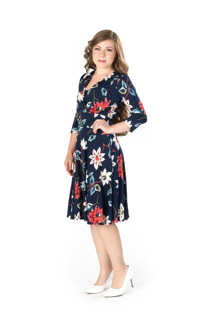 TIFFANY PRINT ON VENECIA KNIT SPANDEX l 3/4 SLEEVE SURPLICE EMPIRE WAIST DRESS | MADE IN USA