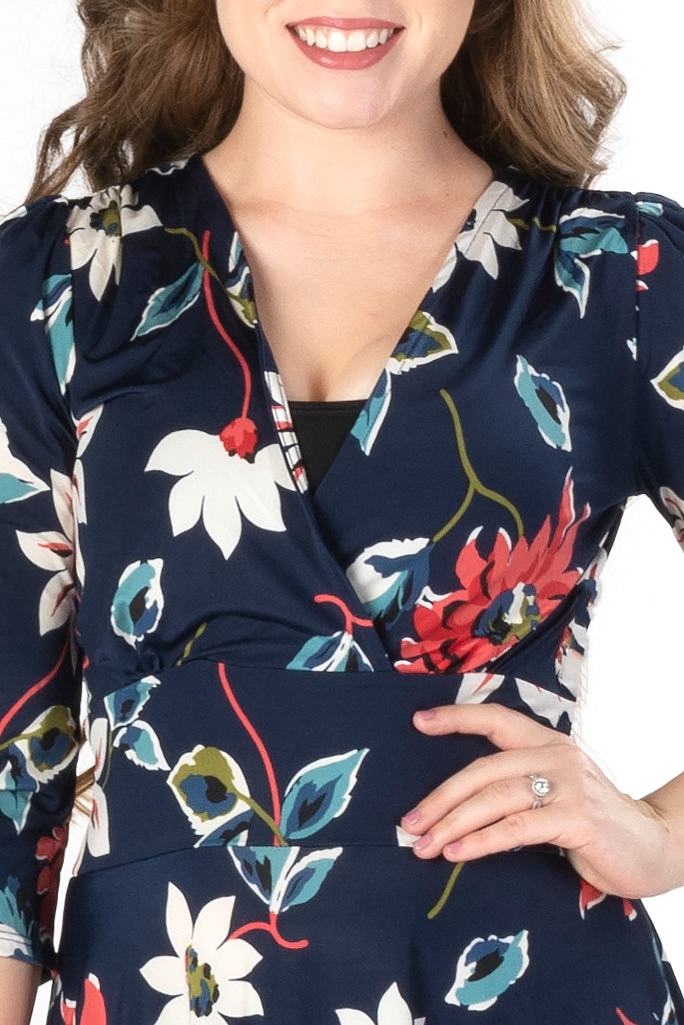 TIFFANY PRINT ON VENECIA KNIT SPANDEX l 3/4 SLEEVE SURPLICE EMPIRE WAIST DRESS | MADE IN USA