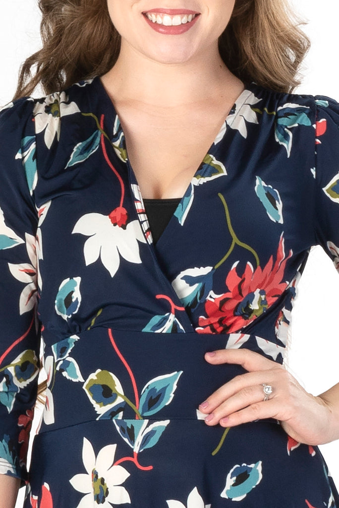 TIFFANY PRINT ON VENECIA KNIT SPANDEX l 3/4 SLEEVE SURPLICE EMPIRE WAIST DRESS | MADE IN USA