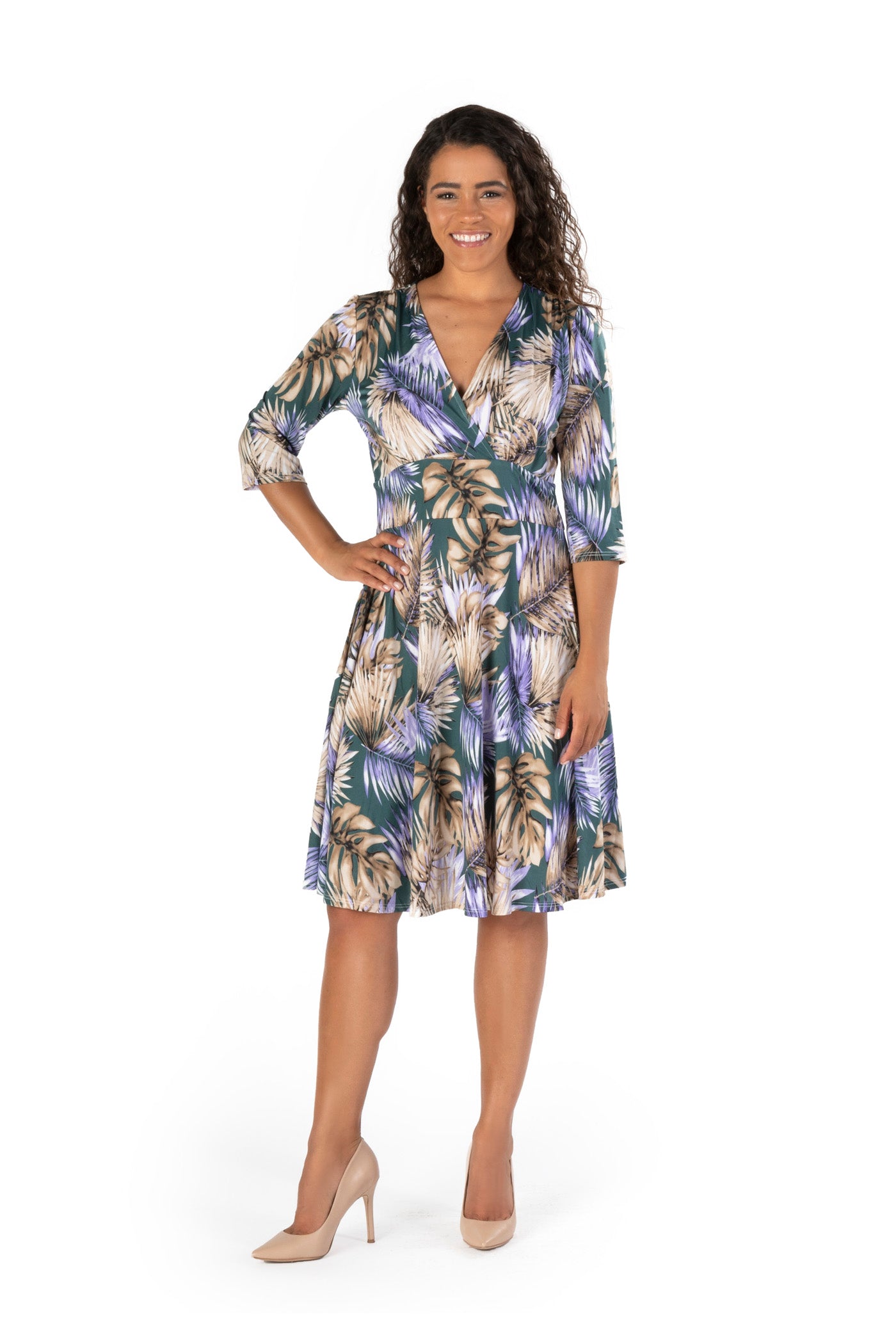 NATALIE TROPICAL PRINT ON VENECIA SPANDEX l 3/4 SLEEVE SURPLICE EMPIRE WAIST DRESS | MADE IN USA