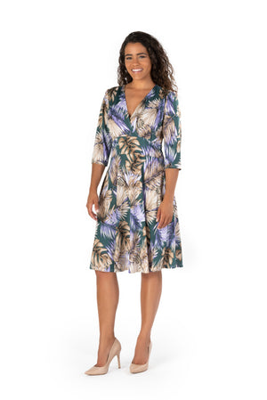 NATALIE TROPICAL PRINT ON VENECIA SPANDEX l 3/4 SLEEVE SURPLICE EMPIRE WAIST DRESS | MADE IN USA