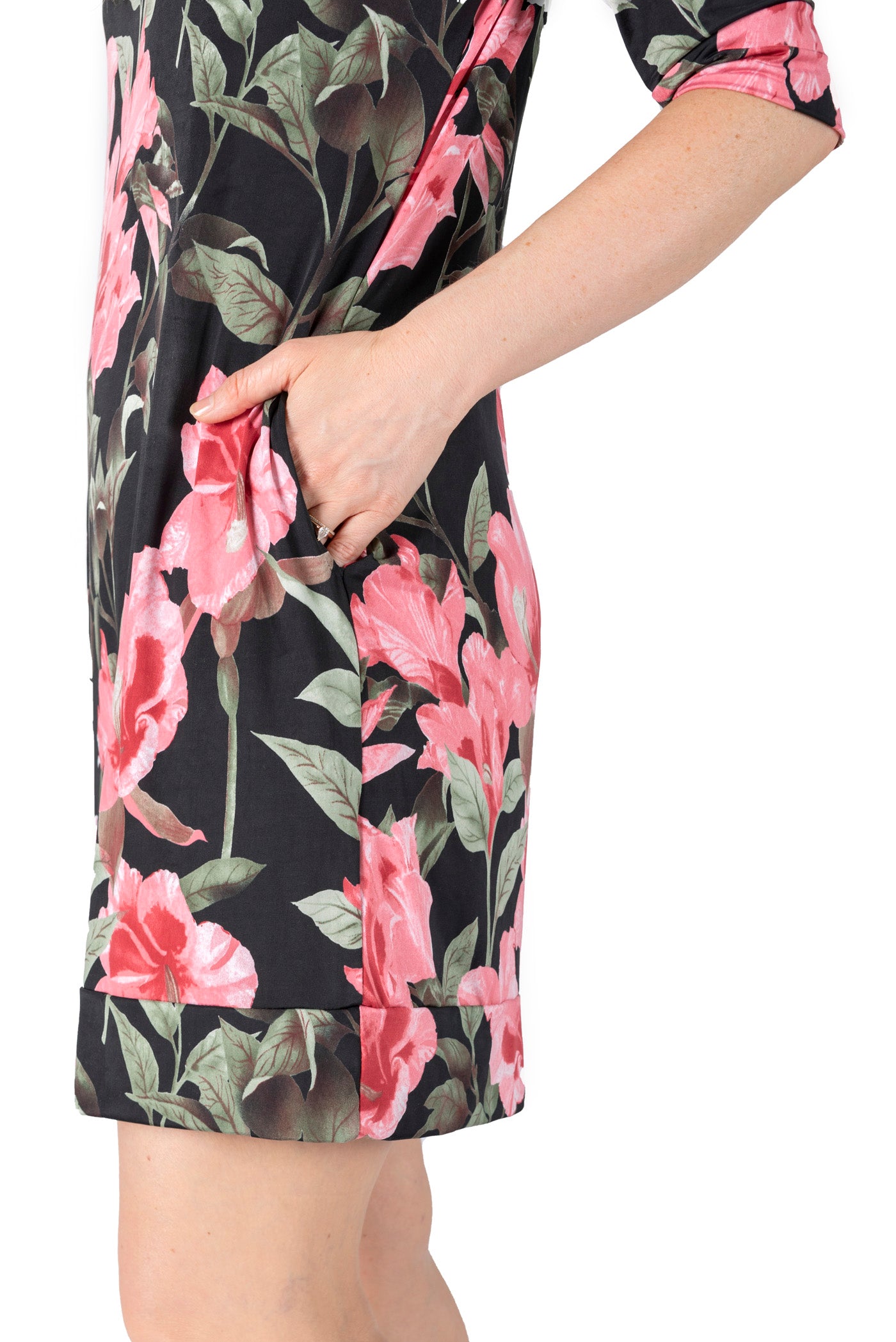 VALENTINA ROSE PRINT ON VENECIA KNIT SPANDEX l ELBOW SLEEVE SHIFT DRESS | MADE IN USA
