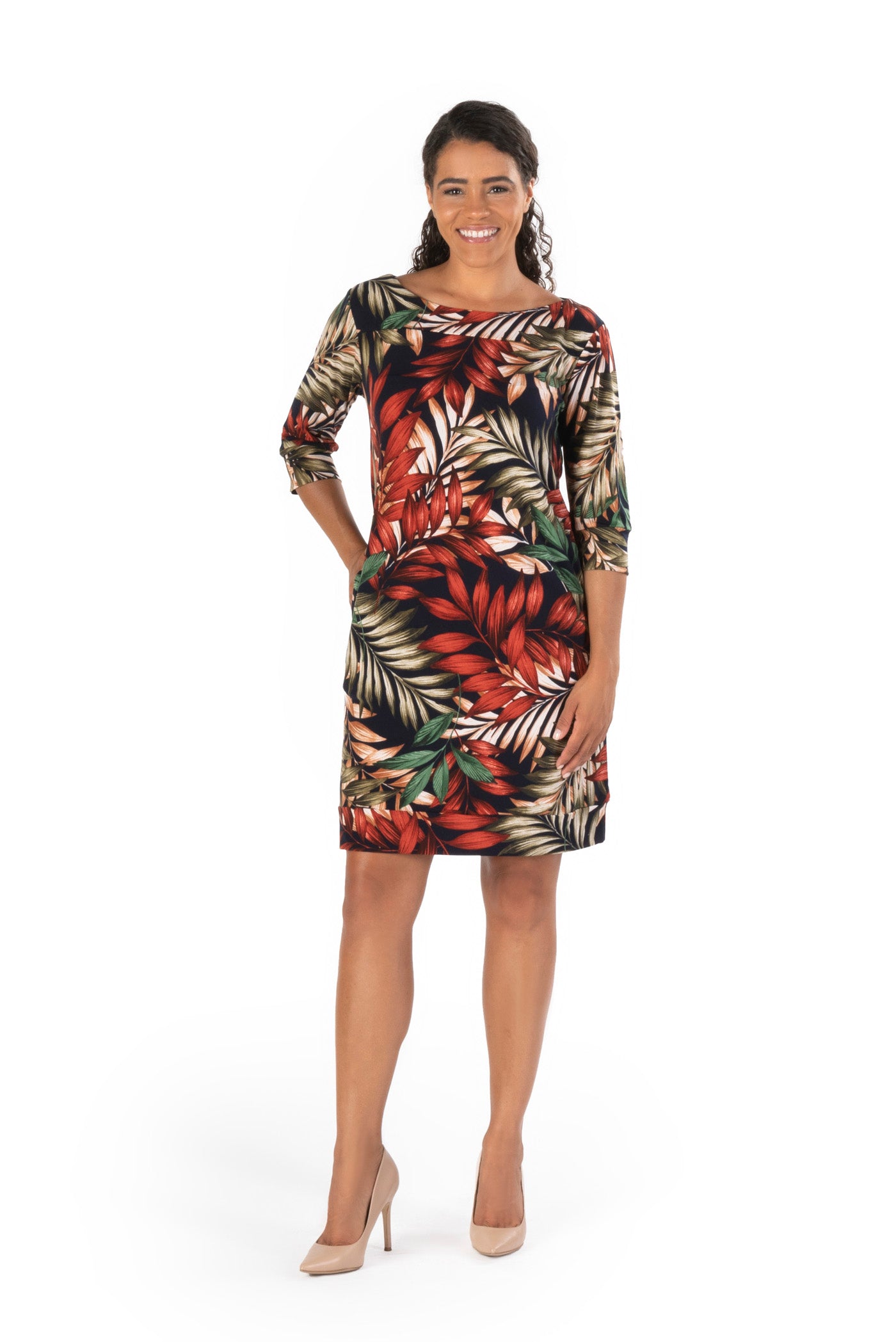 ISLAND TROPICAL PRINT ON VENECIA KNIT SPANDEX l ELBOW SLEEVE SHIFT DRESS | MADE IN USA
