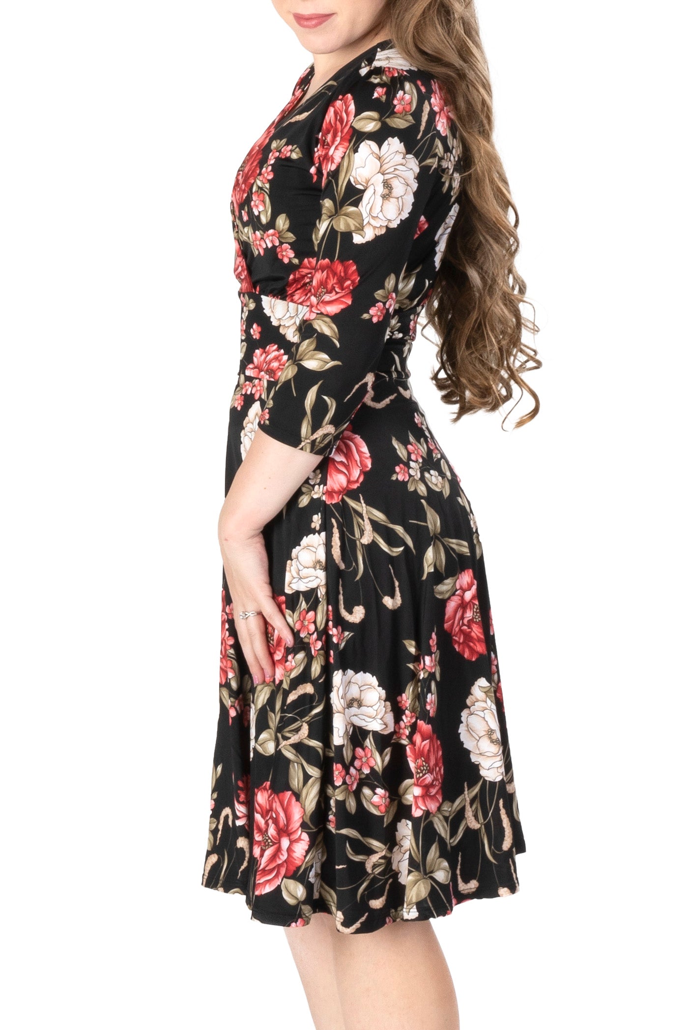 BELLA FLORAL PRINT ON VENECIA SPANDEX l 3/4 SLEEVE SURPLICE EMPIRE WAIST DRESS | MADE IN USA