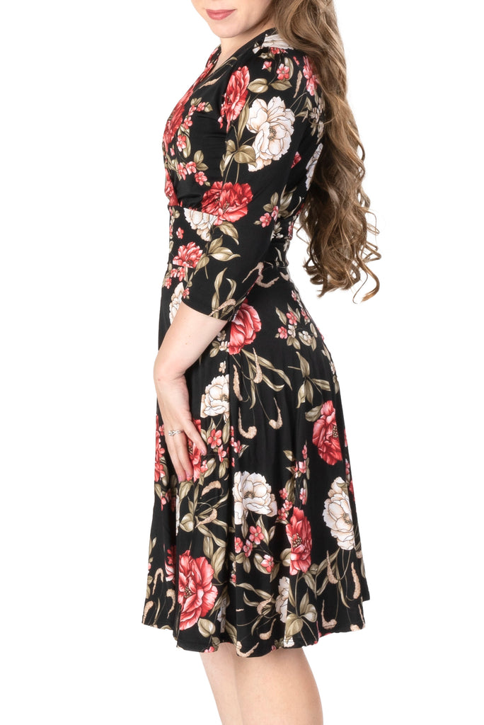 BELLA FLORAL PRINT ON VENECIA SPANDEX l 3/4 SLEEVE SURPLICE EMPIRE WAIST DRESS | MADE IN USA