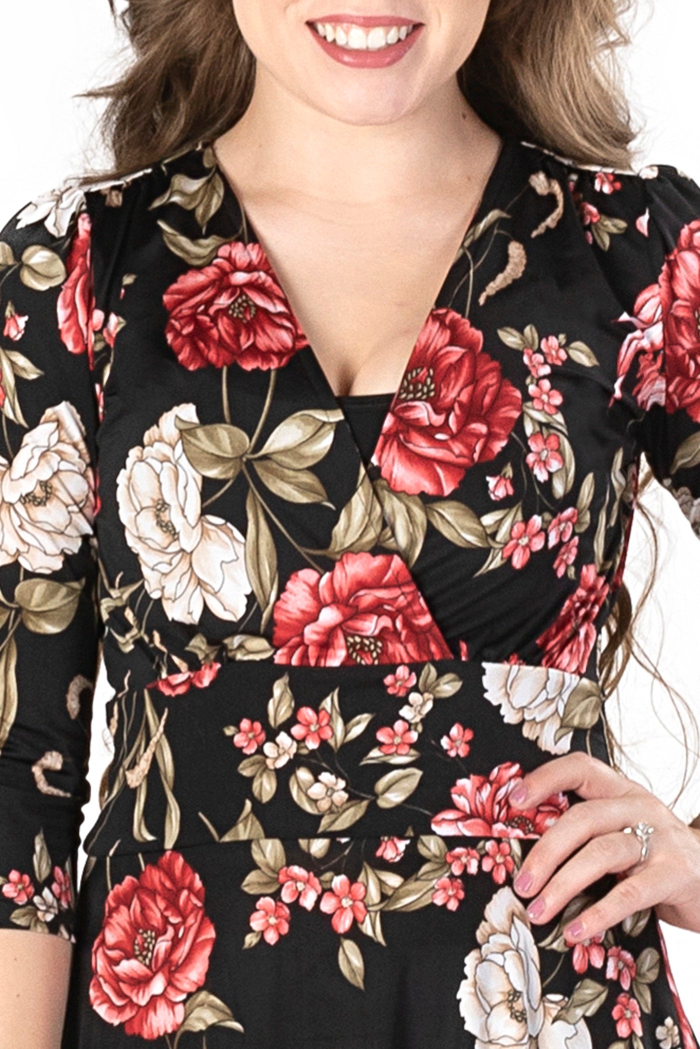 BELLA FLORAL PRINT ON VENECIA SPANDEX l 3/4 SLEEVE SURPLICE EMPIRE WAIST DRESS | MADE IN USA