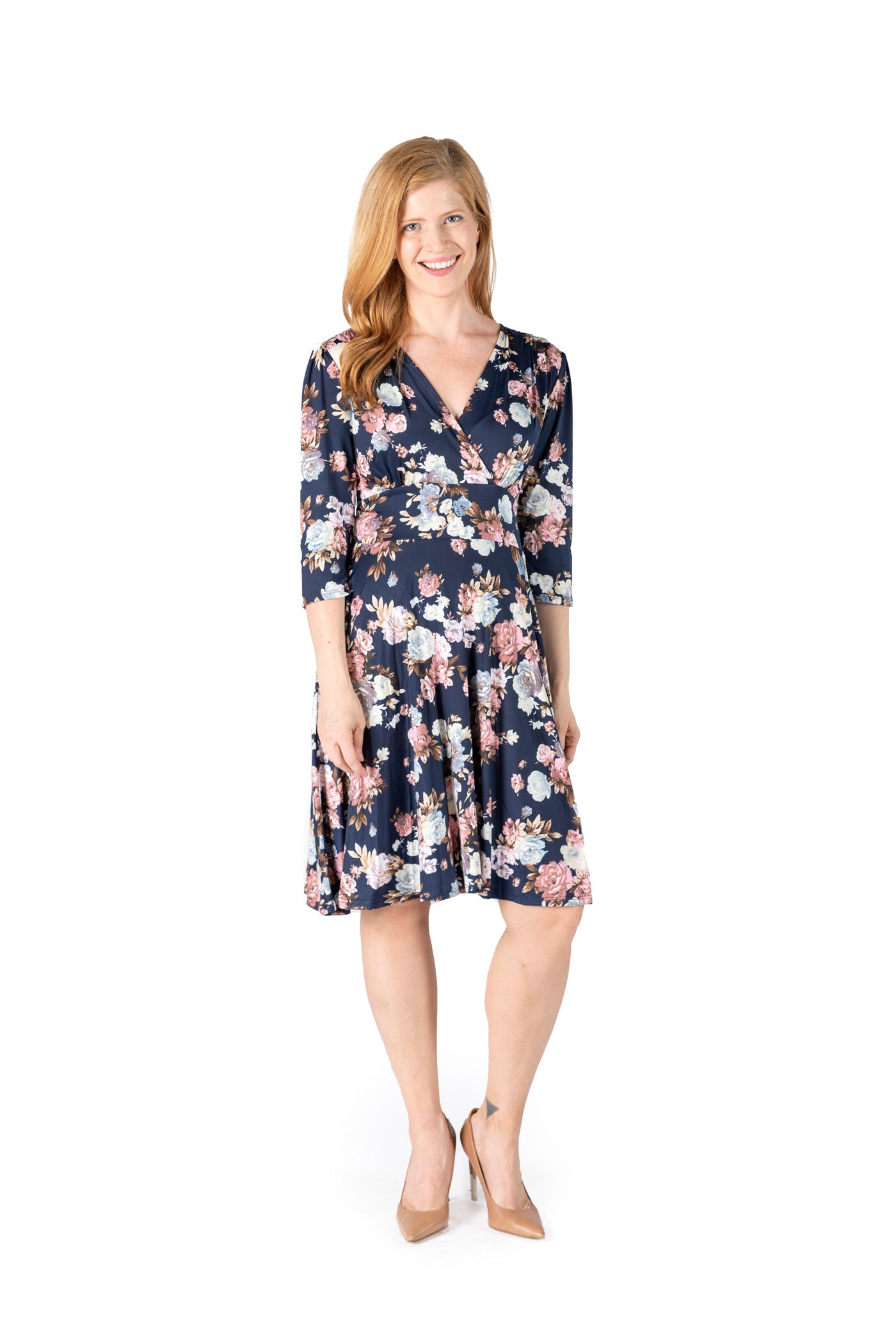 LYNSEY NAVY ROSE PRINT ON VENECIA SPANDEX l 3/4 SLEEVE SURPLICE EMPIRE WAIST DRESS | MADE IN USA