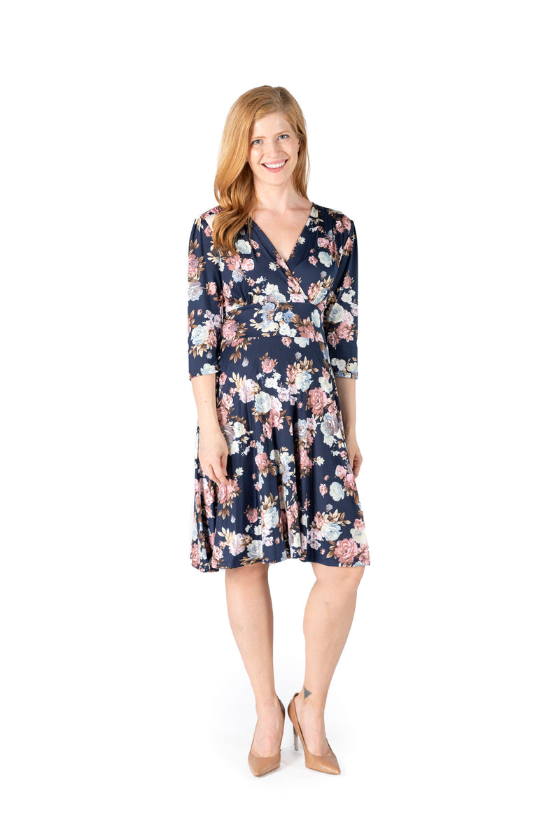 LYNSEY NAVY ROSE PRINT ON VENECIA SPANDEX l 3/4 SLEEVE SURPLICE EMPIRE WAIST DRESS | MADE IN USA