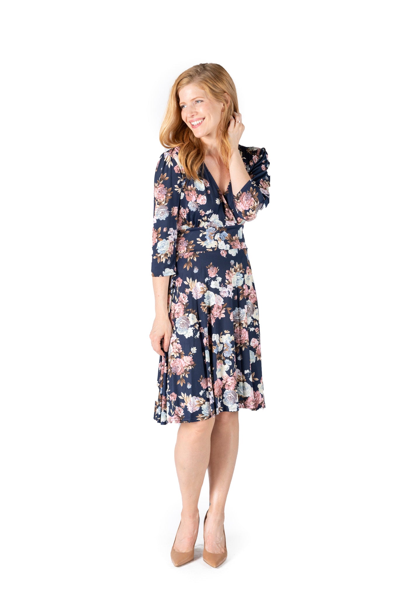 LYNSEY NAVY ROSE PRINT ON VENECIA SPANDEX l 3/4 SLEEVE SURPLICE EMPIRE WAIST DRESS | MADE IN USA