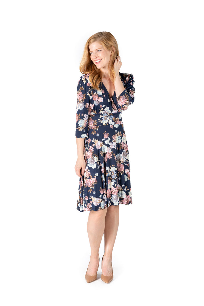 LYNSEY NAVY ROSE PRINT ON VENECIA SPANDEX l 3/4 SLEEVE SURPLICE EMPIRE WAIST DRESS | MADE IN USA