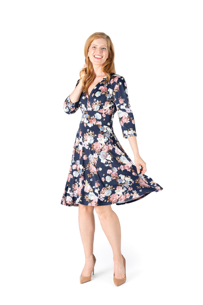 LYNSEY NAVY ROSE PRINT ON VENECIA SPANDEX l 3/4 SLEEVE SURPLICE EMPIRE WAIST DRESS | MADE IN USA