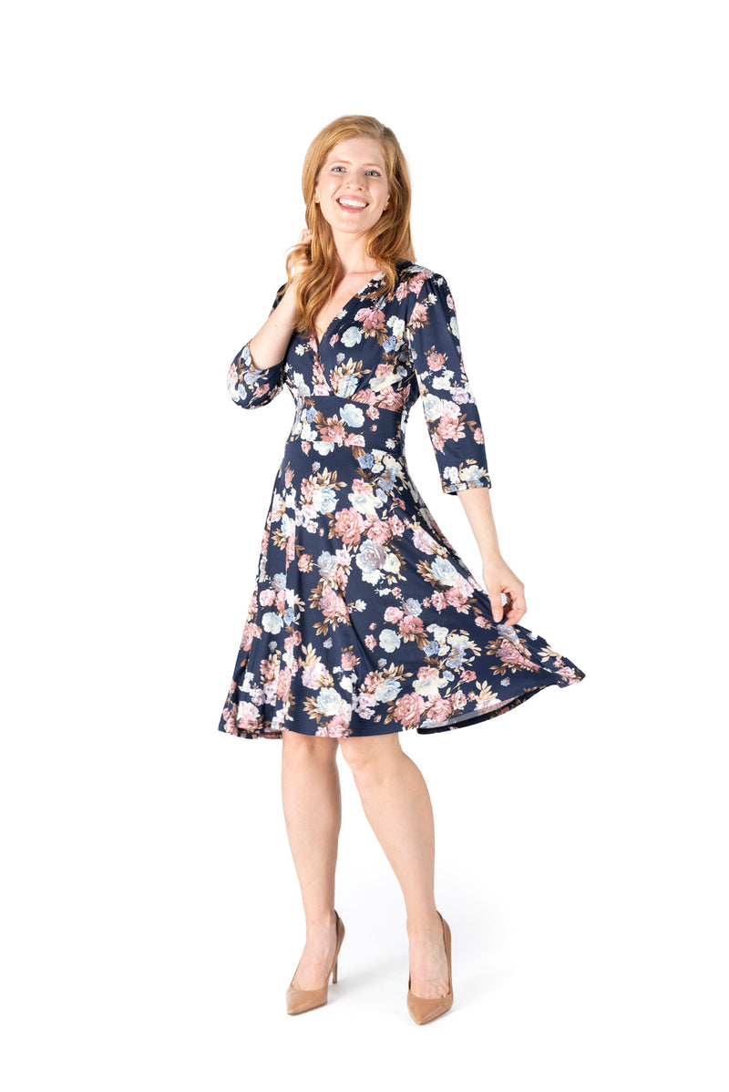 LYNSEY NAVY ROSE PRINT ON VENECIA SPANDEX l 3/4 SLEEVE SURPLICE EMPIRE WAIST DRESS | MADE IN USA