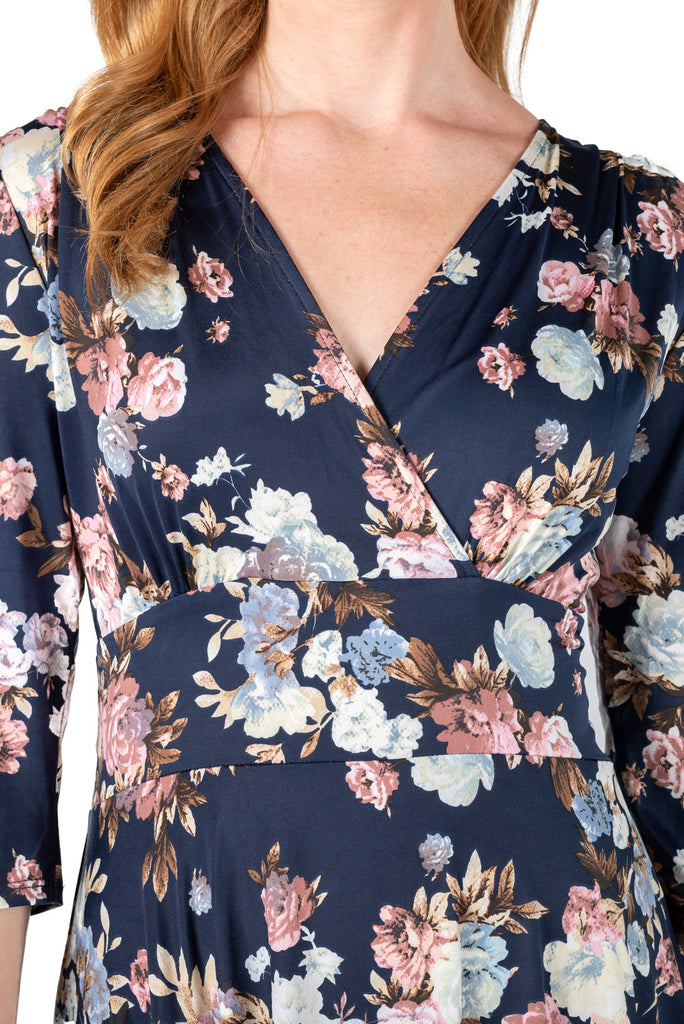 LYNSEY NAVY ROSE PRINT ON VENECIA SPANDEX l 3/4 SLEEVE SURPLICE EMPIRE WAIST DRESS | MADE IN USA