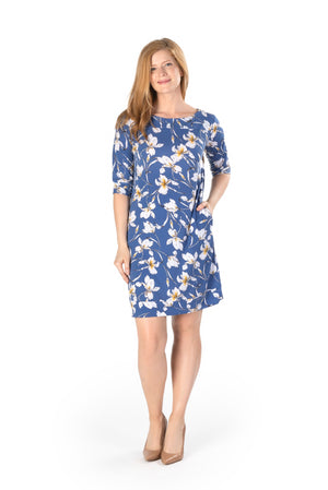 HAILEY FLORAL PRINT ON VENECIA KNIT SPANDEX l ELBOW SLEEVE SHIFT DRESS | MADE IN USA