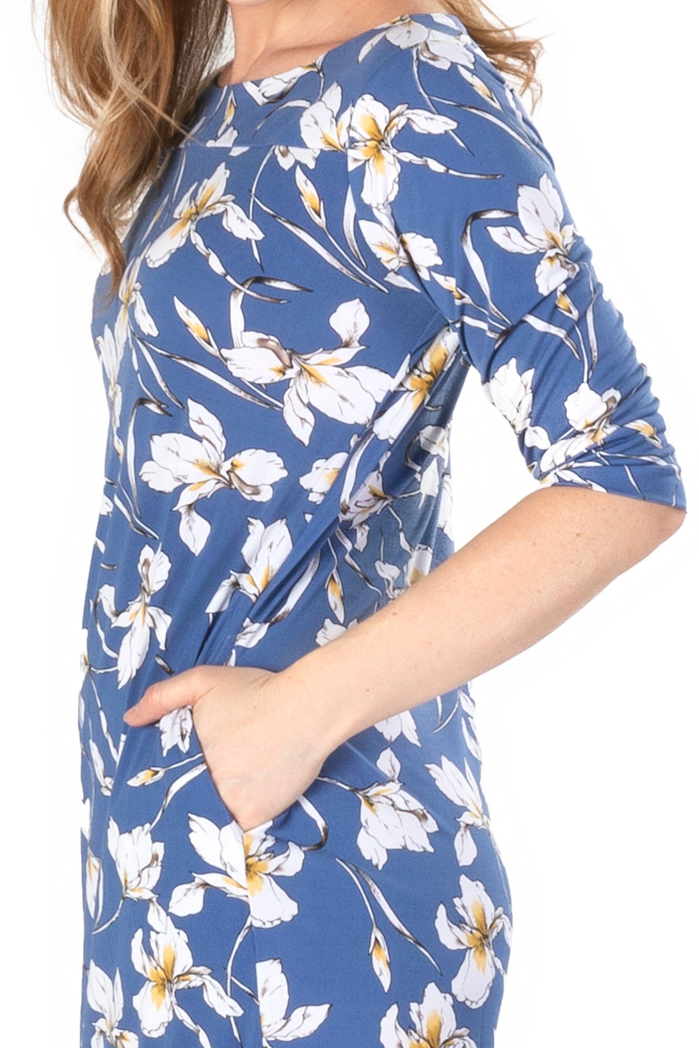 HAILEY FLORAL PRINT ON VENECIA KNIT SPANDEX l ELBOW SLEEVE SHIFT DRESS | MADE IN USA