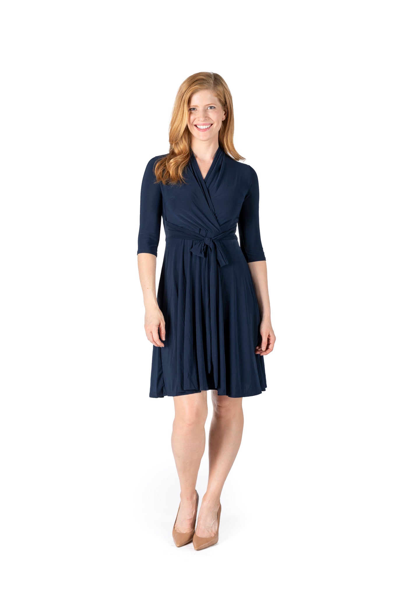 ITY SPANDEX KNIT WRINKLE-FREE | ELBOW SLEEVE FAUX WRAP DRESS | MADE IN USA