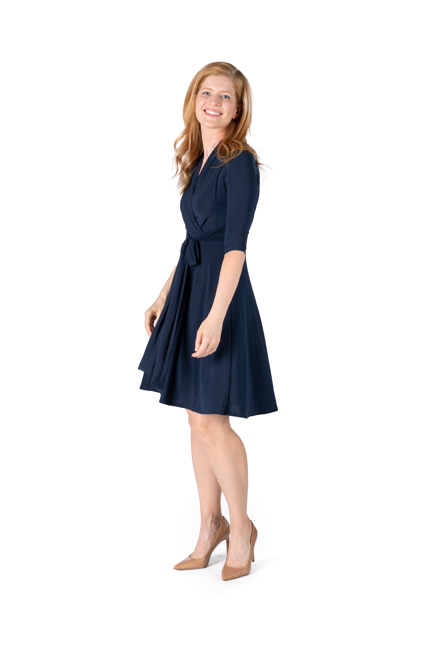 ITY SPANDEX KNIT WRINKLE-FREE | ELBOW SLEEVE FAUX WRAP DRESS | MADE IN USA