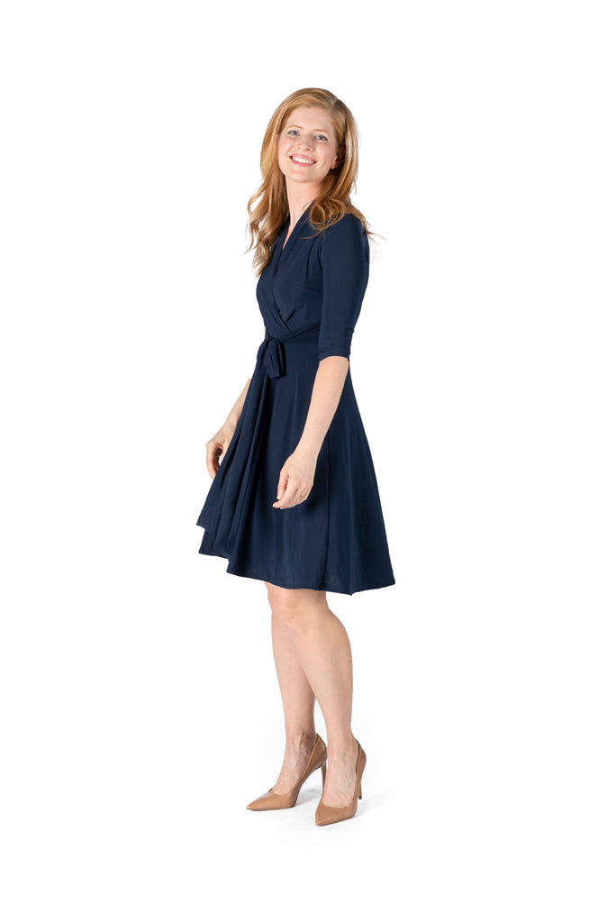 ITY SPANDEX KNIT WRINKLE-FREE | ELBOW SLEEVE FAUX WRAP DRESS | MADE IN USA