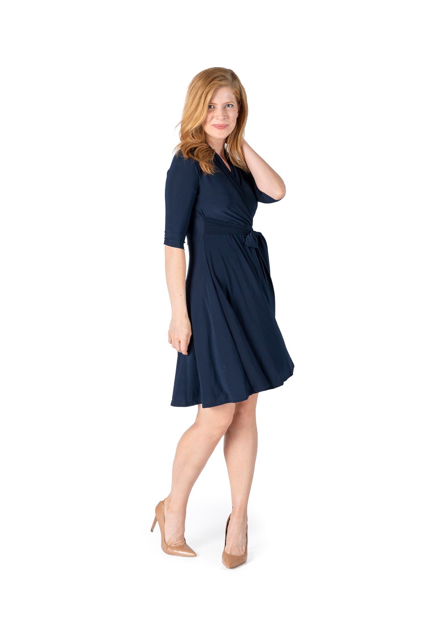 ITY SPANDEX KNIT WRINKLE-FREE | ELBOW SLEEVE FAUX WRAP DRESS | MADE IN USA