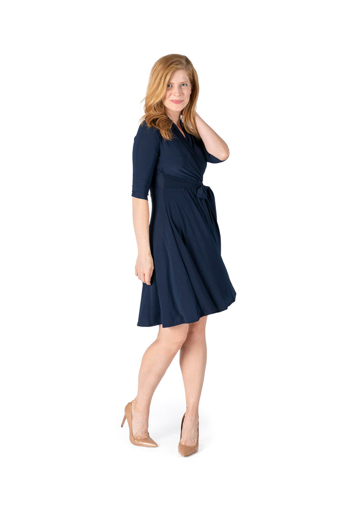 ITY SPANDEX KNIT WRINKLE-FREE | ELBOW SLEEVE FAUX WRAP DRESS | MADE IN USA