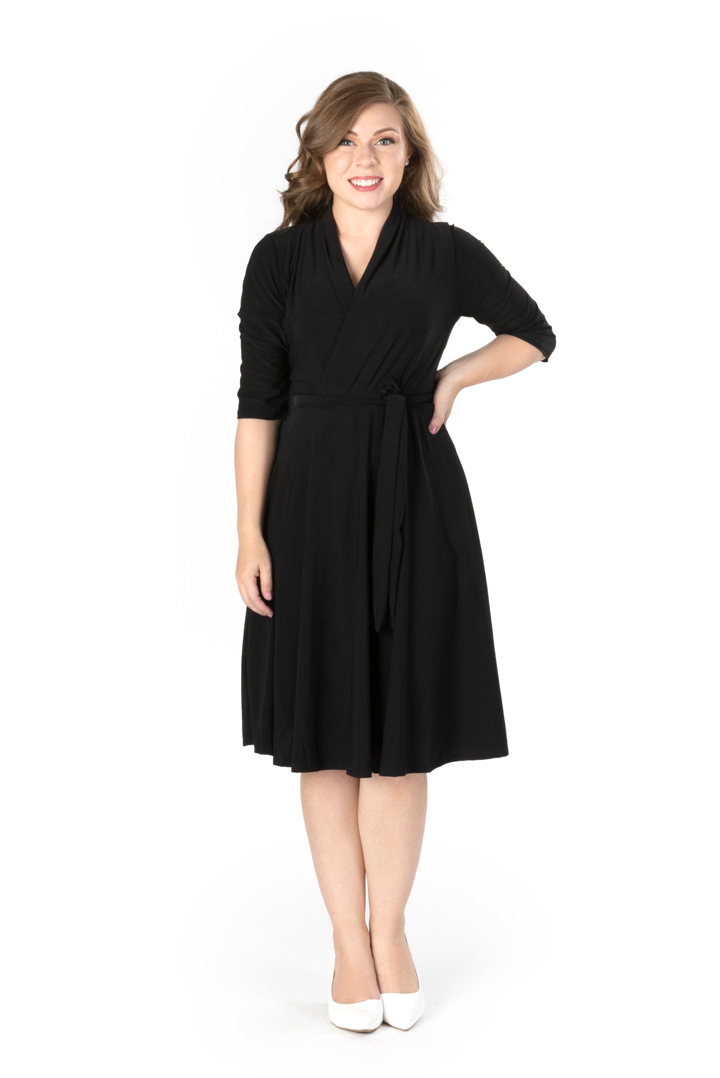 ITY SPANDEX KNIT WRINKLE-FREE | ELBOW SLEEVE FAUX WRAP DRESS | MADE IN USA