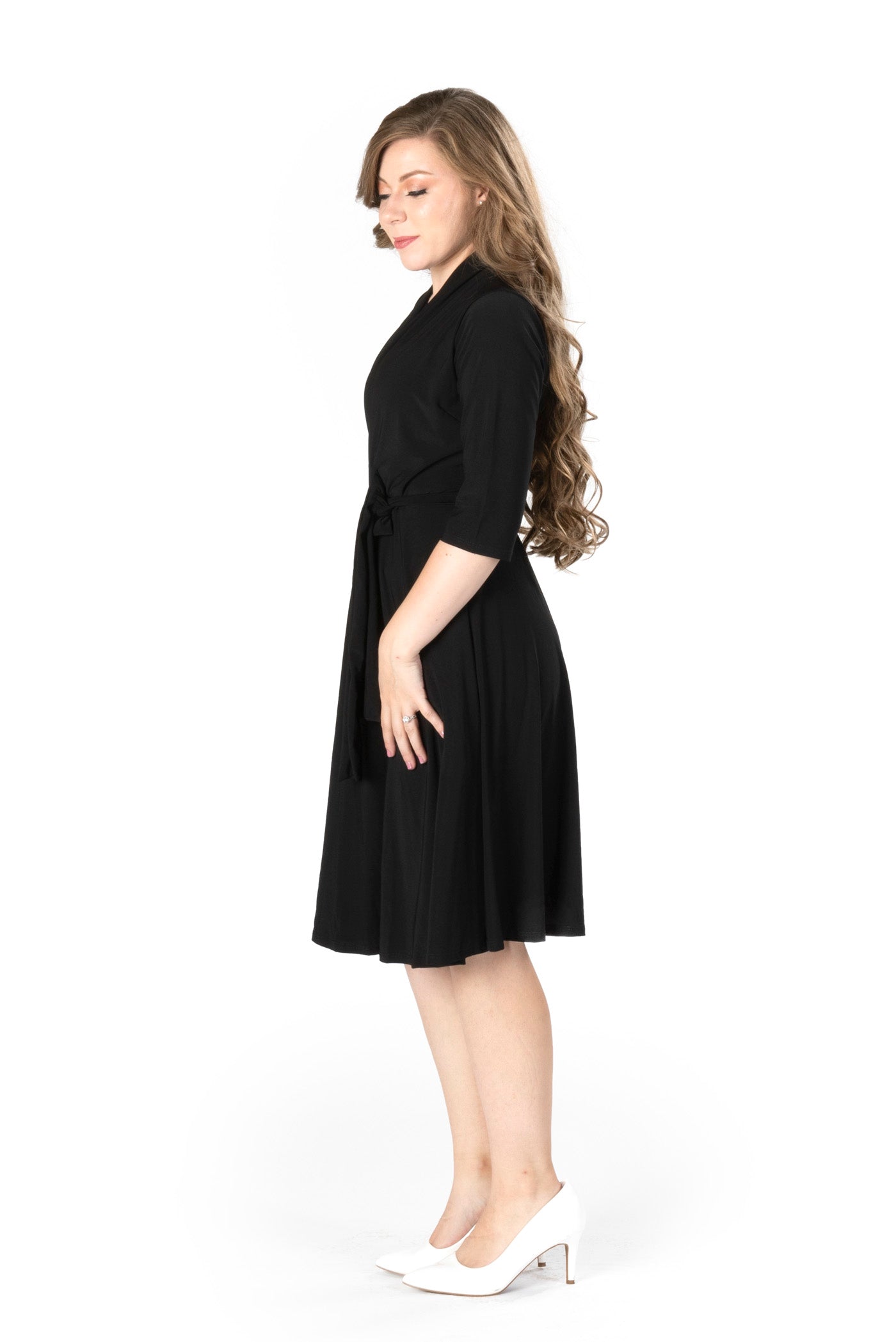 ITY SPANDEX KNIT WRINKLE-FREE | ELBOW SLEEVE FAUX WRAP DRESS | MADE IN USA