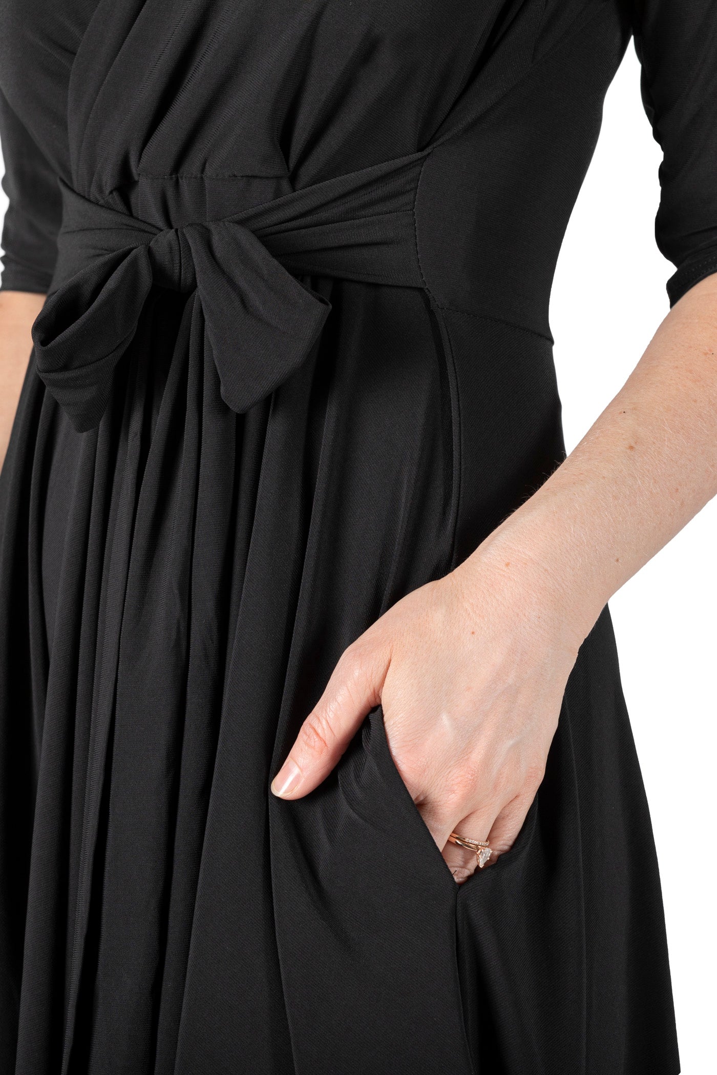 ITY SPANDEX KNIT WRINKLE-FREE | ELBOW SLEEVE FAUX WRAP DRESS | MADE IN USA