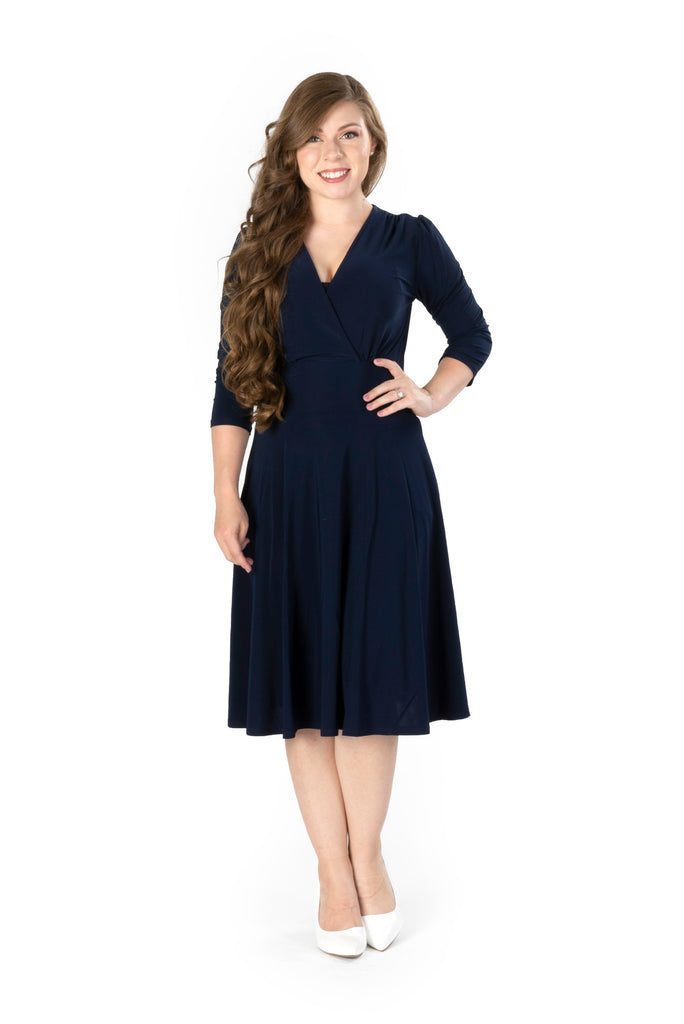 ITY SPANDEX KNIT WRINKLE-FREE l 3/4 SLEEVE SURPLICE DRESS | MADE IN USA