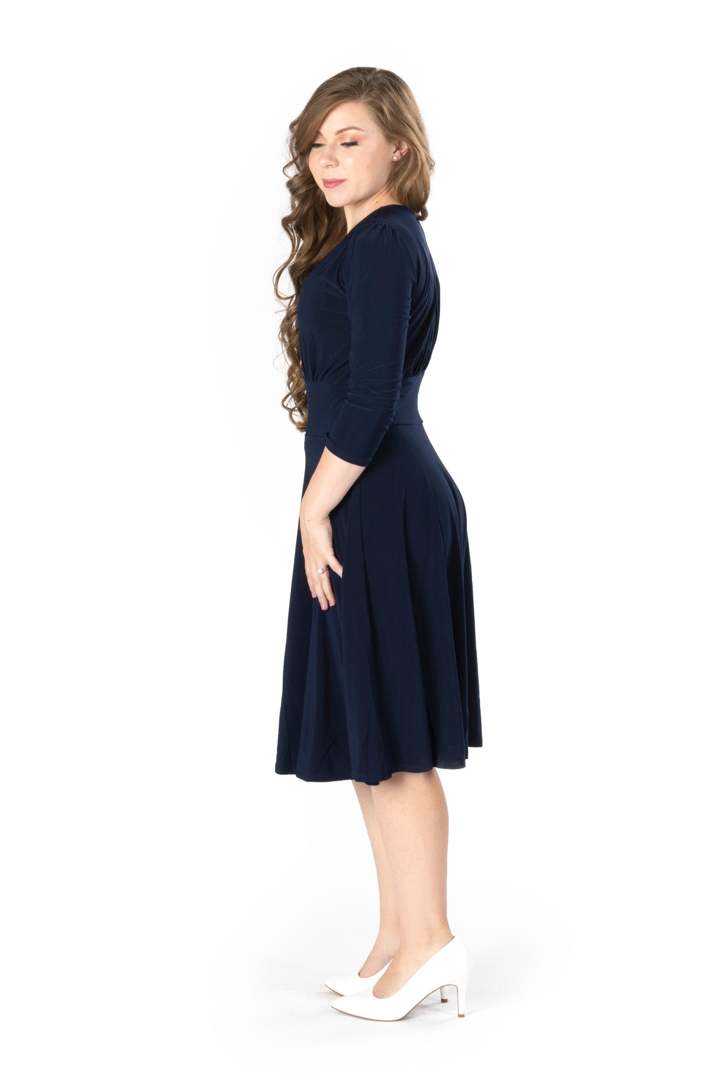 ITY SPANDEX KNIT WRINKLE-FREE l 3/4 SLEEVE SURPLICE DRESS | MADE IN USA