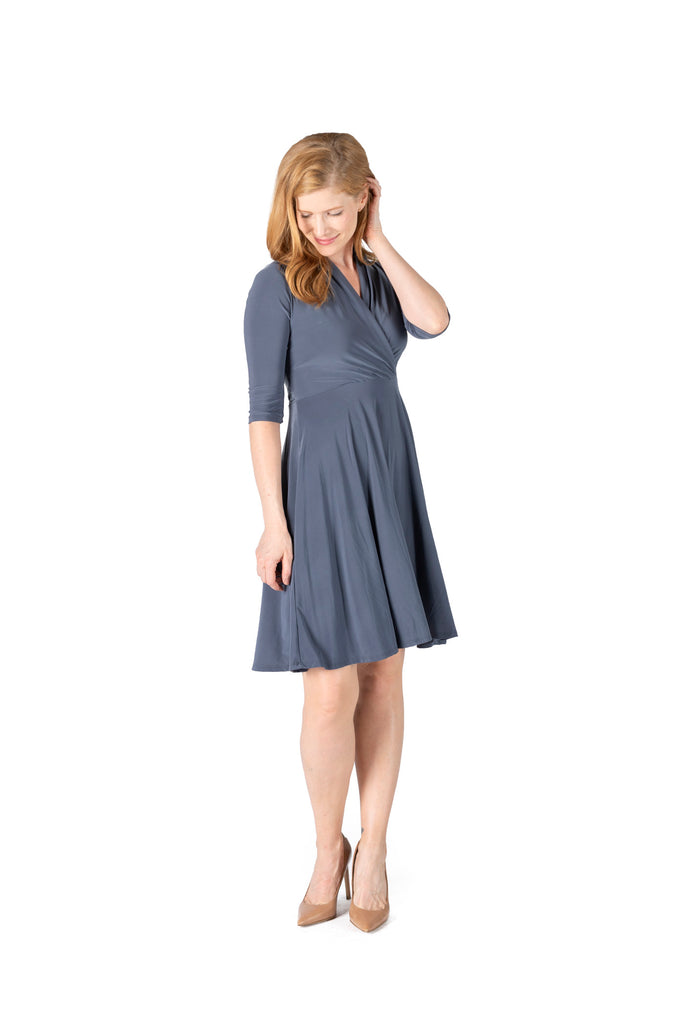 ITY SPANDEX KNIT WRINKLE-FREE | ELBOW SLEEVE FAUX WRAP DRESS | MADE IN USA