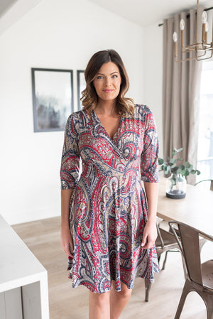 PAISLEY DAY PRINT ON VENECIA KNIT SPANDEX l 3/4 SLEEVE SURPLICE EMPIRE WAIST DRESS | MADE IN USA