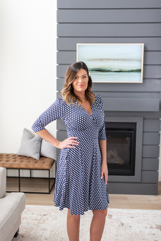 BLUE WHITE DOT PRINT ON VENECIA SPANDEX l 3/4 SLEEVE SURPLICE EMPIRE WAIST DRESS | MADE IN USA