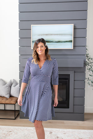 BLUE WHITE DOT PRINT ON VENECIA SPANDEX l 3/4 SLEEVE SURPLICE EMPIRE WAIST DRESS | MADE IN USA