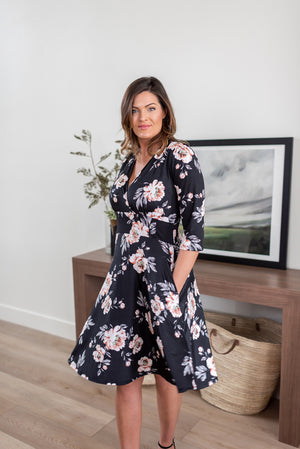 ELLIE ROSE PRINT ON VENECIA SPANDEX l 3/4 SLEEVE SURPLICE EMPIRE WAIST DRESS | MADE IN USA