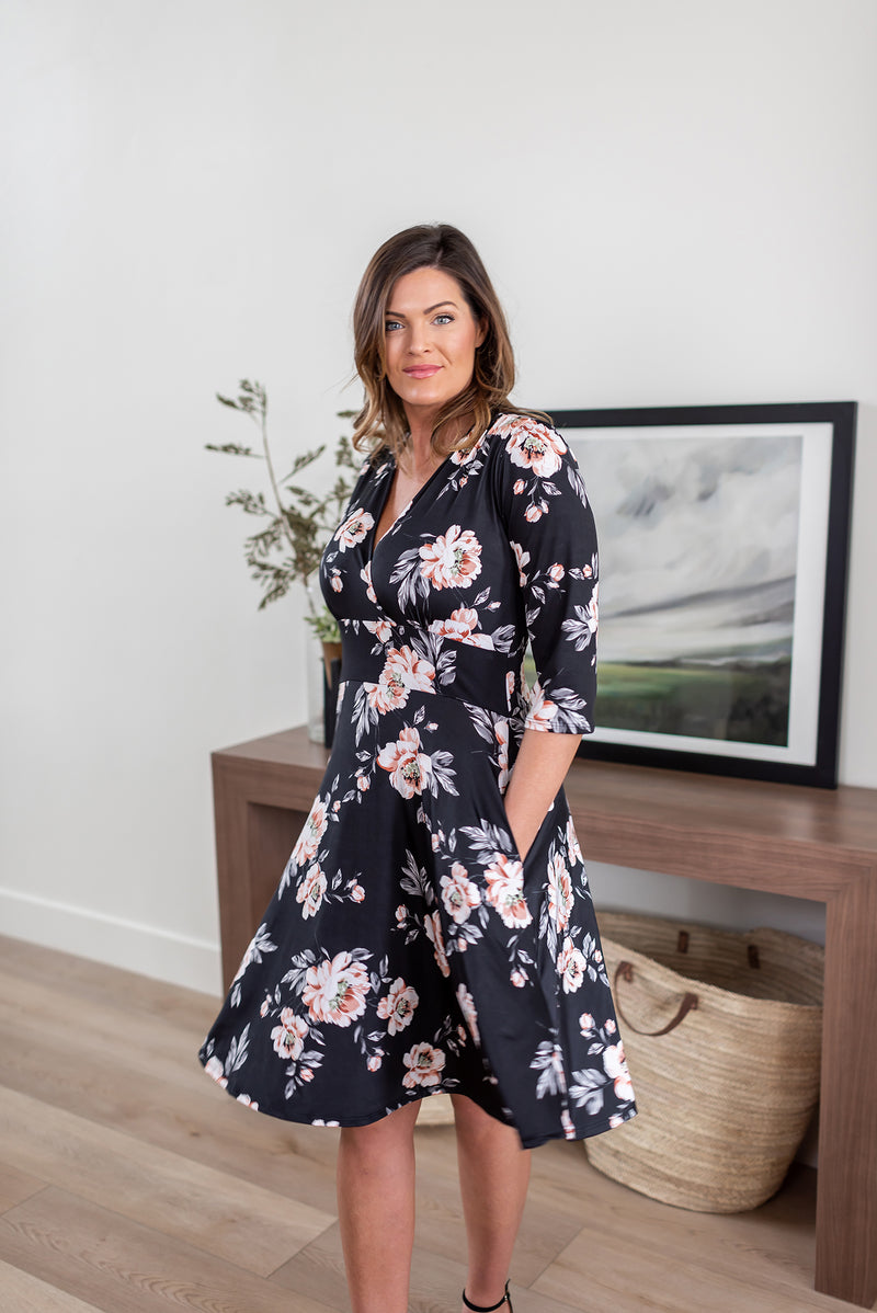 ELLIE ROSE PRINT ON VENECIA SPANDEX l 3/4 SLEEVE SURPLICE EMPIRE WAIST DRESS | MADE IN USA