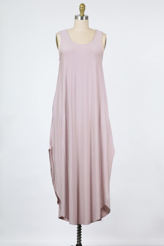 RAYON MODAL KNIT JERSEY | TANK MAXI DRESS WITH CROSS BACK DETAIL AND ON-SEAM POCKETS | MADE IN USA * PRE-ORDER FOR 5/20/21