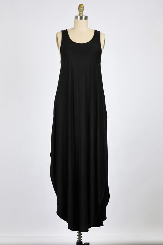 RAYON MODAL KNIT JERSEY | TANK MAXI DRESS WITH CROSS BACK DETAIL AND ON-SEAM POCKETS | MADE IN USA * PRE-ORDER FOR 5/20/21
