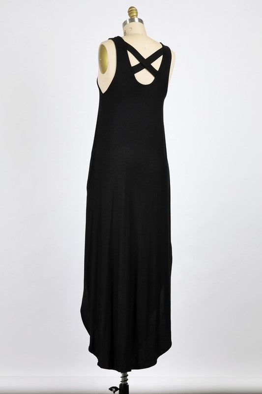 RAYON MODAL KNIT JERSEY | TANK MAXI DRESS WITH CROSS BACK DETAIL AND ON-SEAM POCKETS | MADE IN USA * PRE-ORDER FOR 5/20/21