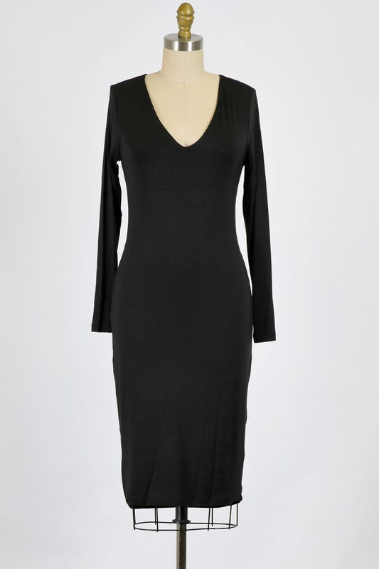 RAYON KNIT JERSEY | LONG SLEEVE DOUBLE LAYER V NECK DRESS | MADE IN USA